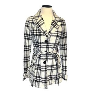 Jou Jou Wool Blend White and Black Plaid Coat Size Small - Belted Jacket